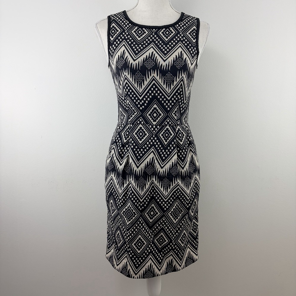 J.Crew Women 00‎ Navy Ivory Geometric Sheath Dress Sleeveless Career Chic